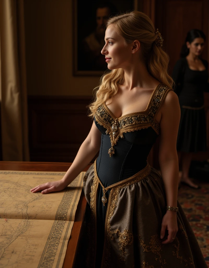 A waist-up image capturing Amelia’s dress in full focus, with the camera emphasizing the luxurious fabric, embroidery, and jewel details on her gown. She’s turned slightly to the side, accentuating the fitted bodice and her narrow waist while gazing thoughtfully at a large parchment map of constellations pinned on the wall. Her left hand rests lightly on the wooden edge of da Vinci’s desk, and a faint smile plays on her lips, suggesting intrigue in the work of the famed polymath. The room is bathed in warm shadows, adding a painterly effect.