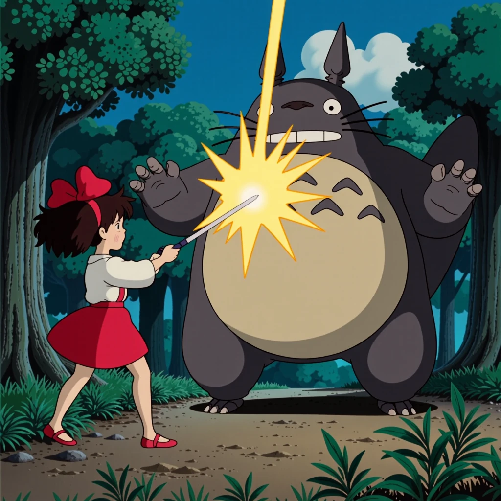 Illustrate an intense, surreal showdown between a black-haired girl named Kiki with red ribon on head and a massive creature named Totoro in a serene countryside forest. Kiki wields a glowing, radiant katana in both hands, her weapon emitting a fierce, blinding aura that illuminates the entire scene, making it almost too bright to look at directly. Glowing sword,glowing,illusion light,bright,photon mapping,global illumination, translucent,volumetric light, energy burst. Totoro, an enormous beast, prepares to fight back in a boxing stance, with a determined and focused look. The peaceful forest background contrasts sharply with the surreal battle, blending elements of a quiet, rural landscape with this highly unusual and dramatic confrontation