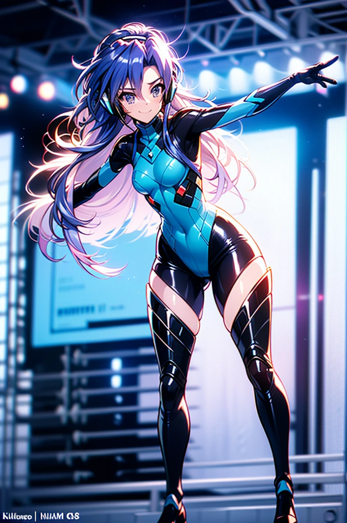 ((full body)), ((: Tsubasa,  Interface Headset , Symphogear Bodysuit:1.4,  dark blue hair)),Realistic,masterpiece, Best Quality, (Realistic,photo-Realistic:1.4), ( RAW Photos:1.2),  highly detailed CGユニティ8K壁紙, Delicate and beautiful, wonderful,Detailed , Official Art, Absurd, incredibly Absurd,  Huge File Size ,  Ultra Details , highly detailed eyes and faces,  light on face ,(little smile:1.2),( blue hair:1.3),Long Hair,(Wearing combat uniform:1.4),Nature background( blue eyes :1.5),Castle Background,Kasumigaoka Tsubasa , headphones, hair ornament((Realistic, masterpiece,  best quality, 8k,  Kampala:1.3)),  Professional Lighting ,  very amazing ,   highly detailed CG,  1 girl, Good anatomy, ( live stage :1.3), 