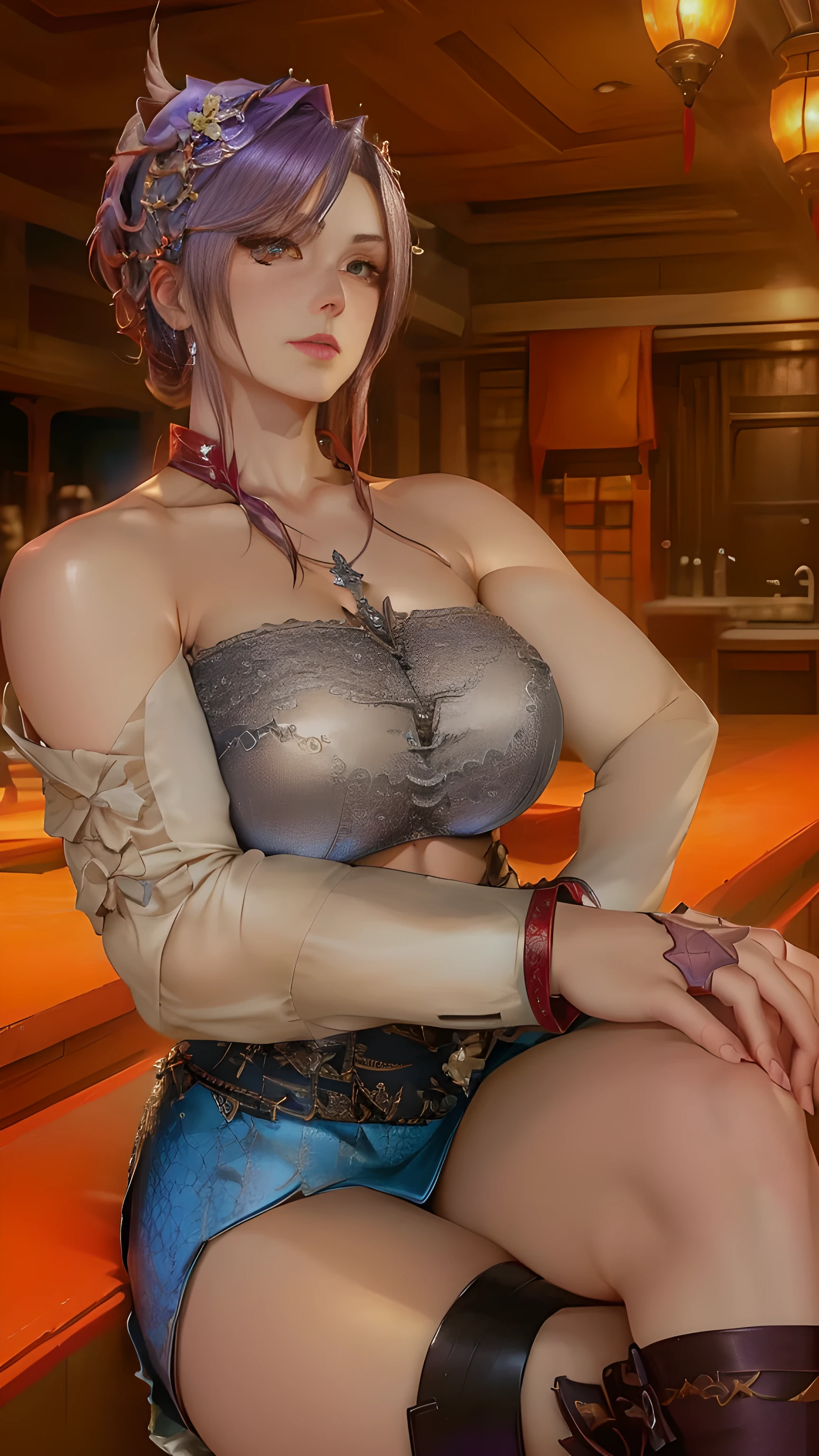 there is a woman sitting on a stool in a room, silver flower hairpin, red-purple hair color, red eye shadow makeup, close up half body shot, full body close-up shot, upper body close up, scales on her chest, heavy gesture style closeup, upper body close - up, detailed upper body, scales covering her chest, highly detailed upper body, full body shot close up, high texture detail), intriguing details, female roegadyn from Final Fantasy 14, (best quality), (best shade), ((erotic, Sexy), ultra high resolution, HD CG unified 8K wallpaper, Physically based rendering, movie lighting),