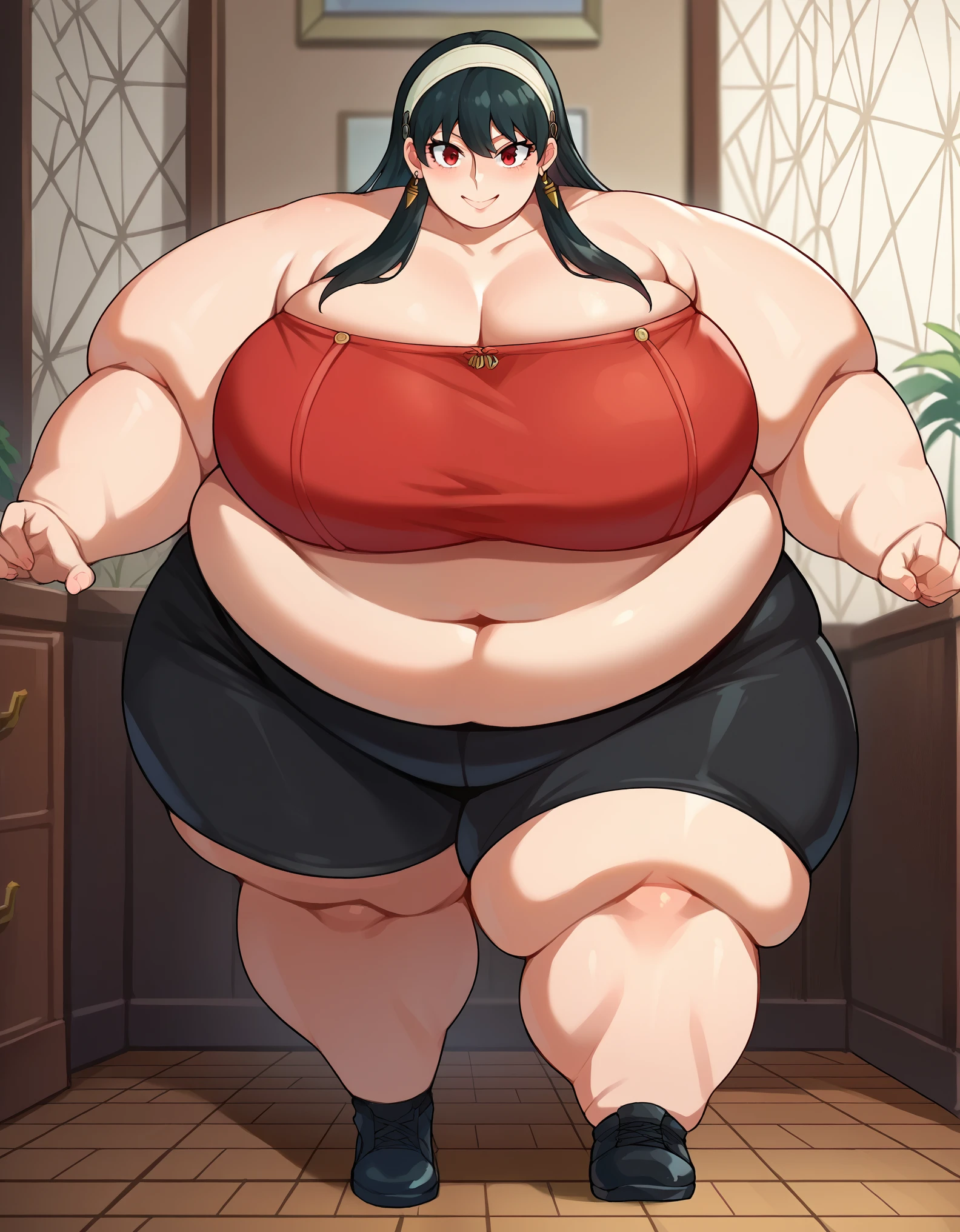 score_9, score_8_up, score_7_up, source_anime, 
yorbriar, yor briar, black hair, red eyes, earrings, white hairband, hairband, long hair, sidelocks, smile,
bare shoulders, collarbone, red tube top, midriff, black bike shorts, thighs,
indoors,
looking at viewer, cowboy shot, dutch angle, dynamic pose, fat, chubby, obese, gigantic arms and legs, full body shot 