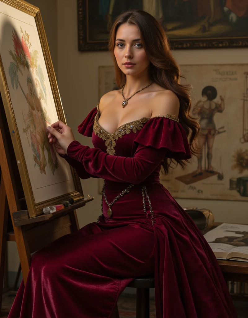  Leonardo da Vinci's workshop is a woman with brown hair ,  with iridescent red reflections ,  posing at an easel with an unfinished painting .  She wears an elegant Renaissance dress .  The dress is made of deep burgundy velvety fabric ,  fits her figure snugly , emphasizing her lush chest, , , her narrow waist and rounded hips .  The corsage neckline is decorated with gold embroidery and precious stones.  The floors of her long skirt smoothly fall to the floor ,  and around you can see drawings and models of Leonardo's inventions .