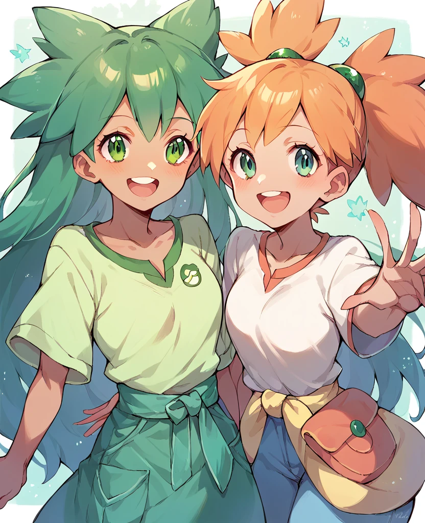 Character pokemon, Two girls , Misty , Irish green long hair , together, smile , friends 