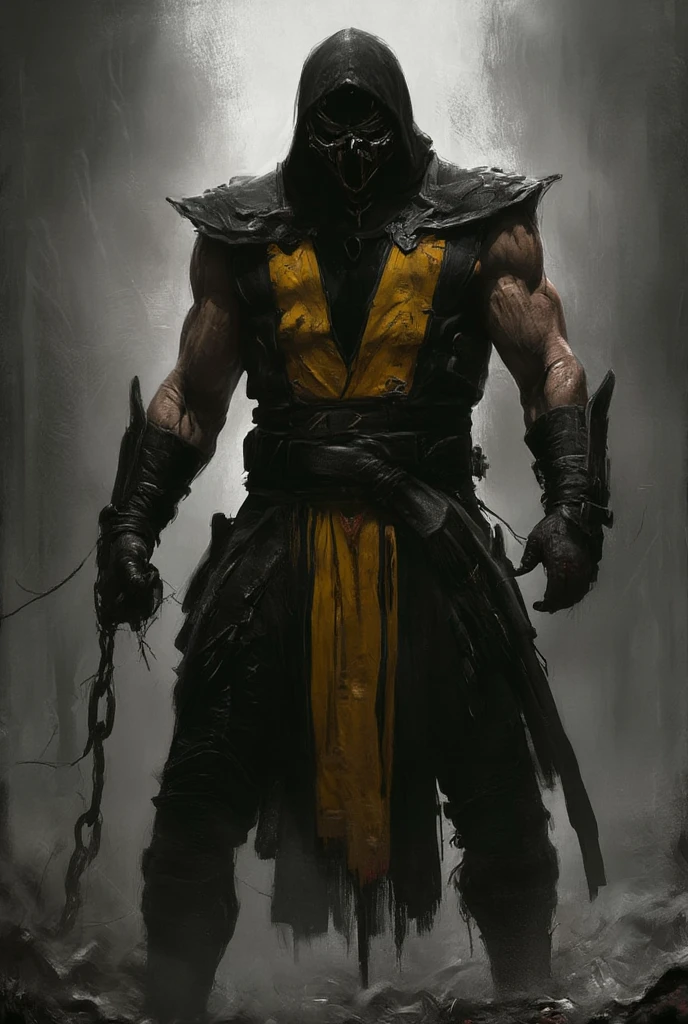 Dynamic picture. Mortal Kombat - ninja Scorpions in a black and yellow suit with a chain flying out of his hand, muted palette and dry brush technique, creating a feeling of hopelessness, desolation, despair, dirt, dark monochrome background. (Minimalism: 1). Ideal body anatomy.
