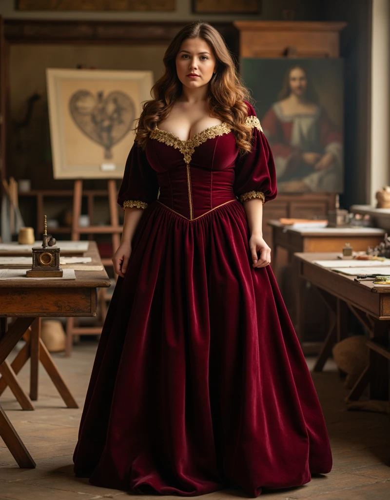 "A woman with chestnut brown hair, cascading in loose curls down her back, stands elegantly in a Renaissance artist's workshop. She wears a deep burgundy velvet gown that tightly hugs her full bust, accentuated by golden embroidery along the neckline and sleeves. The dress features a corset-style bodice that cinches at her narrow waist, with voluminous skirts flowing to the ground. The setting around her includes an unfinished painting on an easel, Leonardo da Vinci’s sketches, and models of inventions scattered on wooden tables. Soft, diffused sunlight filters through the window, casting a warm glow on the rich textures of her gown