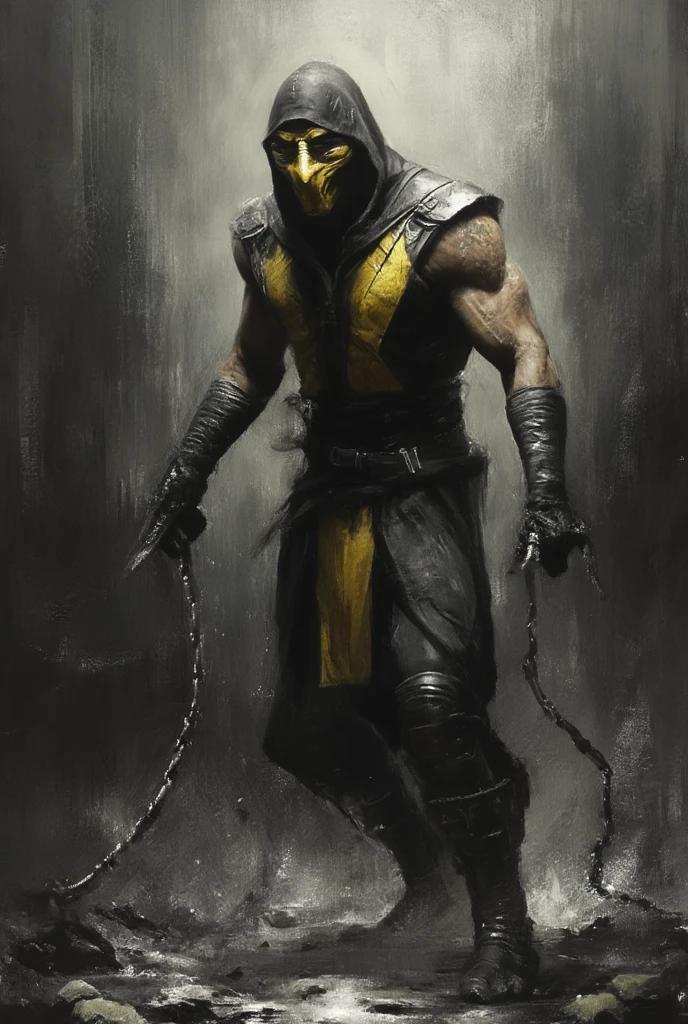 Dynamic picture. Mortal Kombat - ninja Scorpions in a black and yellow suit with a chain flying out of his hand, muted palette and dry brush technique, creating a feeling of hopelessness, desolation, despair, dirt, dark monochrome background. (Minimalism: 1). Ideal body anatomy.
