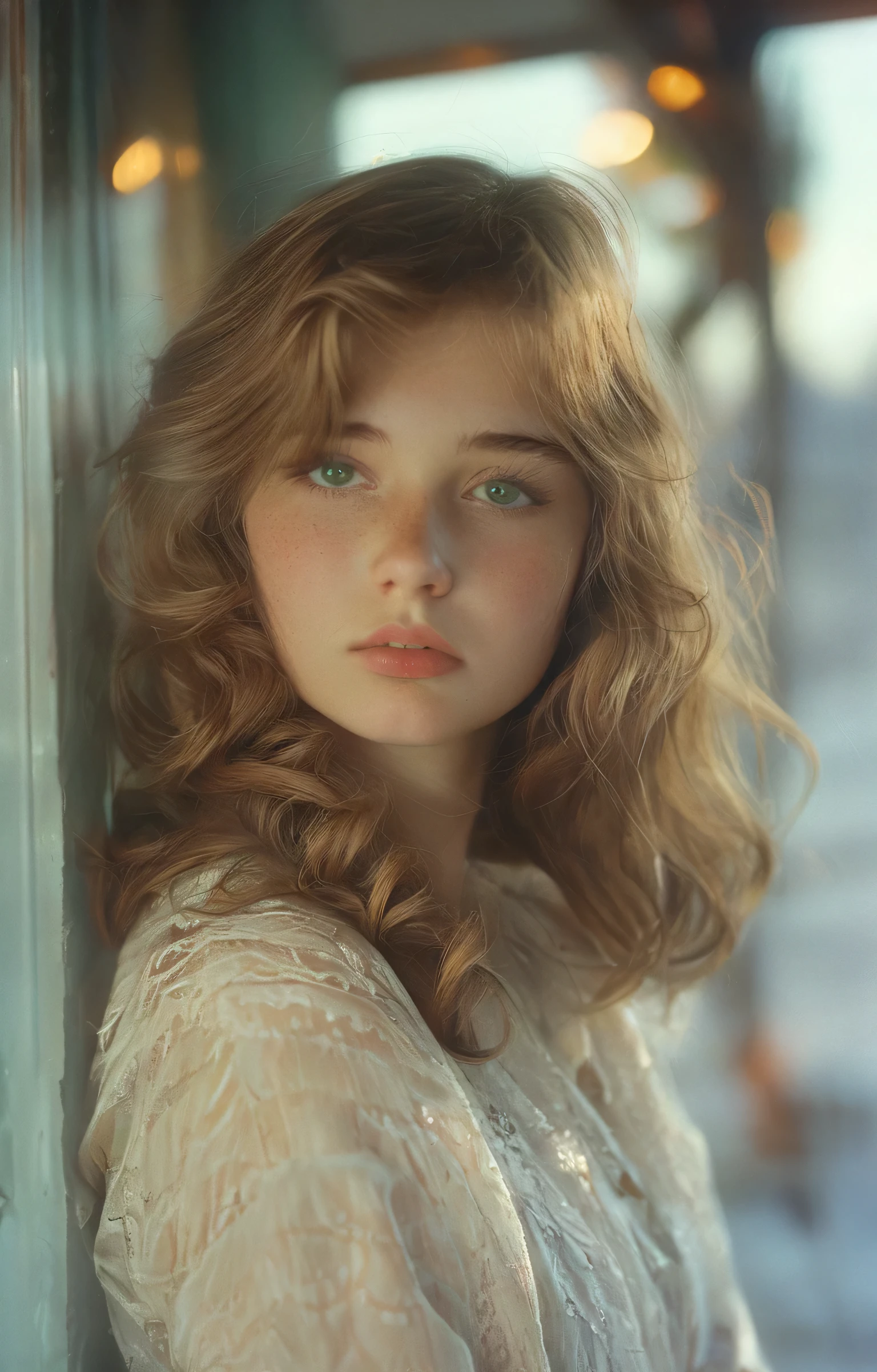 A very beautiful, attractive, 18-year-old girl with green eyes and light brown wavy hair. 