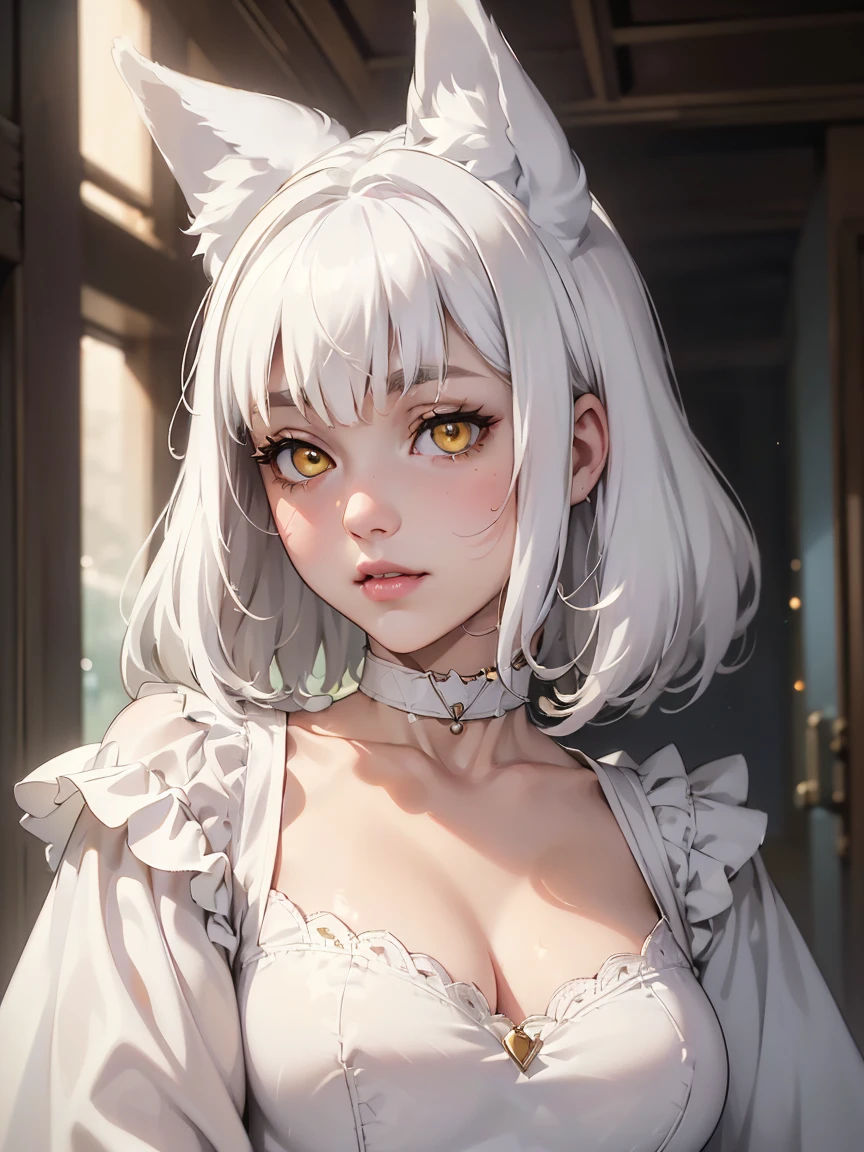 (best lighting) (best quality, masterpiece:1.2), (absurdres), wide portrait, alluring, ethereal, flirtatious, one woman, ((white fox ears)), ((very short, messy white hair), ((bright yellow eyes)), (detailed eyes), ((choker)), (small breasts ((chubby)), soft lighting, hazy, cinematic, diffused lighting  