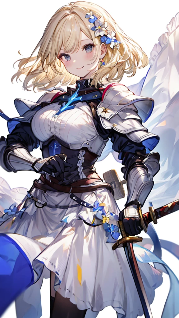 masterpiece、Best Quality、blonde、 Shortcuts、White flower corsage、、woman、Big Breasts、Backwards、sword、Show me your back、（ white wedding dress）、white flower on simple background 、frills、 short skirt 、Like a bride、super detailed、8k、1 person、smile、The face is Zeta、Armor only on shoulders、natural hands、 white skin、