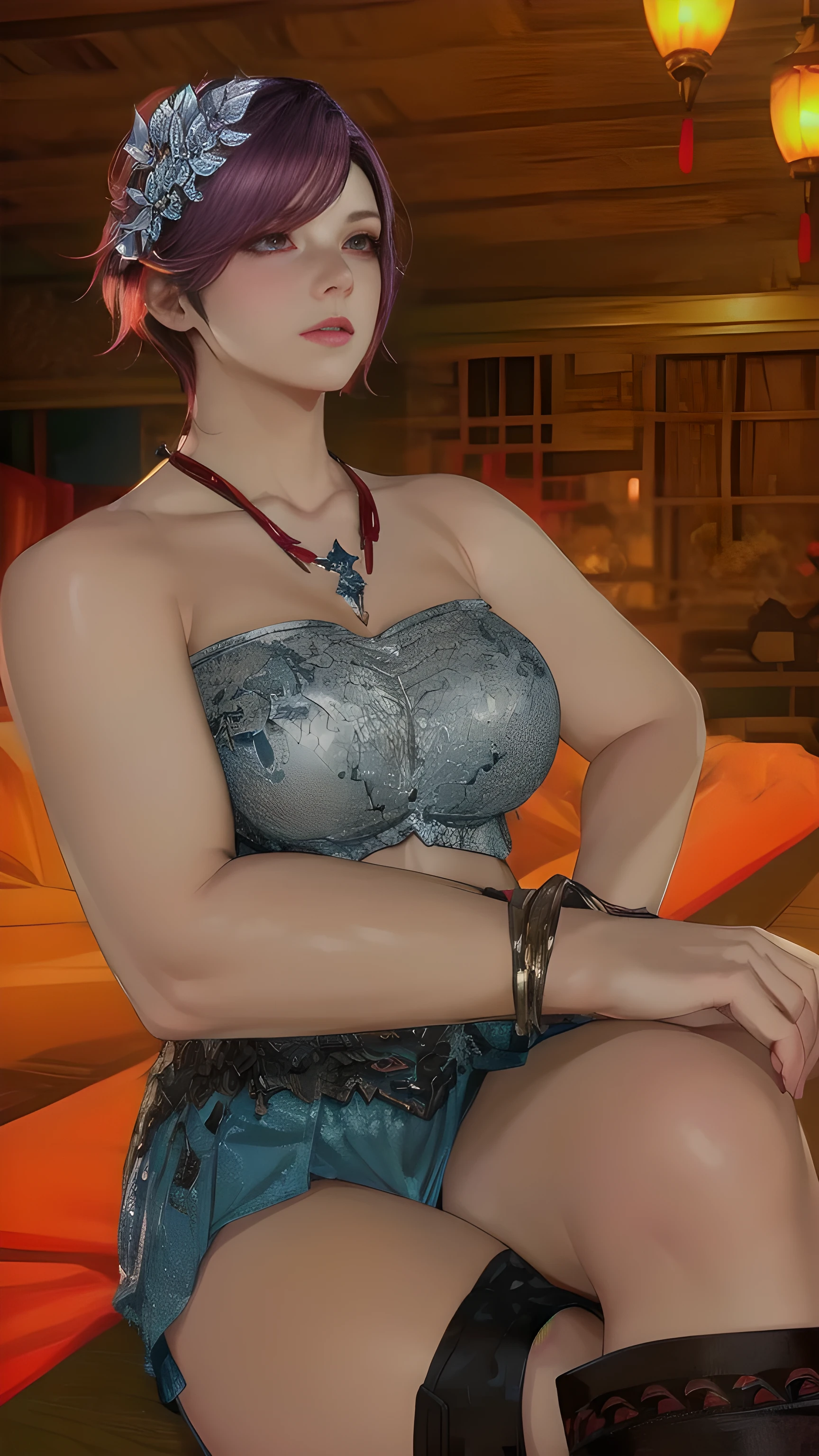 there is a woman sitting on a stool in a room, silver flower hairpin, red-purple hair color, short hair, red eye shadow makeup, close up half body shot, full body close-up shot, upper body close up, scales on her chest, heavy gesture style closeup, upper body close - up, detailed upper body, scales covering her chest, highly detailed upper body, full body shot close up, high texture detail), intriguing details, female roegadyn from Final Fantasy 14, (best quality), (best shade), ((erotic, Sexy), ultra high resolution, HD CG unified 8K wallpaper, Physically based rendering, movie lighting),