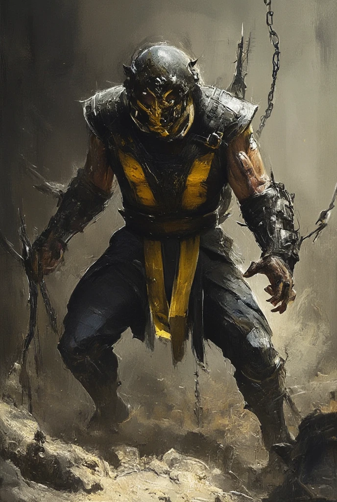 Dynamic picture. Mortal Kombat - ninja Scorpions in a black and yellow suit with a chain flying out of his hand, muted palette and dry brush technique, creating a feeling of hopelessness, desolation, despair, dirt, dark monochrome background. (Minimalism: 1). Ideal body anatomy.
