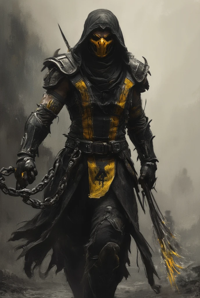 Dynamic picture. Mortal Kombat - ninja Scorpions in a black and yellow suit with a chain flying out of his hand, muted palette and dry brush technique, creating a feeling of hopelessness, desolation, despair, dirt, dark monochrome background. (Minimalism: 1). Ideal body anatomy.
