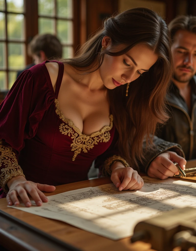 A medium shot of the woman leaning slightly over a wooden table, studying a detailed blueprint with Leonardo da Vinci. The fitted bodice of her burgundy gown tightly hugs her bust and waist, with golden embroidery shimmering under the warm, diffused sunlight. Her chestnut hair flows down her back, with a few tendrils framing her face as she concentrates on the intricate drawing. The scene captures her elegance and confidence, her figure perfectly accentuated by the Renaissance gown. Leonardo, seated next to her, is focused on the blueprint, surrounded by sketches and mechanical models, adding to the sense of artistic collaboration.