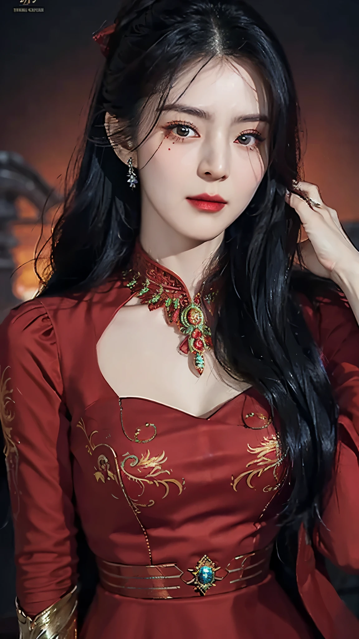 1 Beautiful demon woman from hell, in the dark: 1.6), Surreal female portrait by David Hockney and Alphonse Mucha, Fantasy art, Korean doll, Photorealism, Dynamic lighting, Artstation, Poster, Volumetric lighting, Highly detailed face, 8k Ultra, Award, In the dark, Deep shadows, Low key, Cowboy lens, (Red Phoenix Dress: 1.4), Long hair, Black hair, Luxurious palace, Royal style, Eyes are very sharp and detailed, The most beautiful face, Very realistic, Polo neck sweater, Attractive smile, Eyes are very well made up, Ponytail with ribbon tied behind the head, The landscape is cloudy and thunder sounds, (Portrait), Close up of the main character, (Background details 1.8),