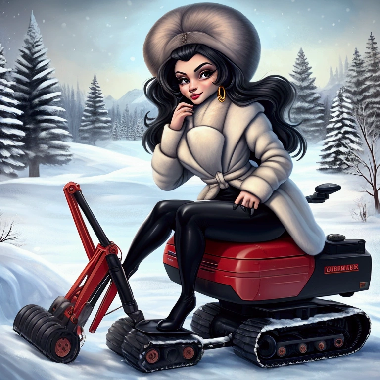 A whimsical illustration of a glamorous woman with long black hair, wearing a fluffy white coat and a large fur hat, seated on a pink mini excavator. She poses confidently with one hand on her chin, showcasing an elegant style with dangling earrings and form-fitting black leggings. The snowy landscape features evergreen trees in the background, adding to the scene's winter charm.