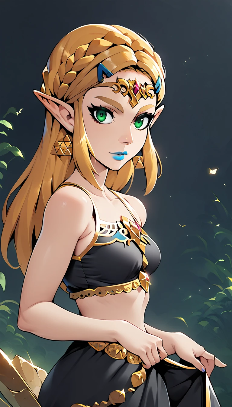 Score_9, Score_8_high, Score_7_high, Score_6_high, geewhy_Stil, Princess Zelda,
 1 girl, Alone,  looking at the viewer, , Gold,  long hair, green eyes, blonde hair, pointed ears, fair-skinned woman, makeup, lipstick,   blue lips, Breasts,  bare shoulders,  crop top, black dress
cowboy shot ,  Dutch angle ,  light smile , 
