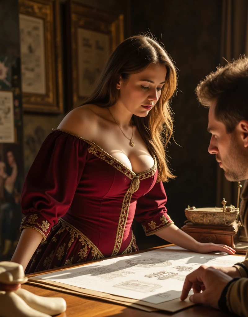 A medium shot of the woman leaning slightly over a wooden table, studying a detailed blueprint with Leonardo da Vinci. The fitted bodice of her burgundy gown tightly hugs her bust and waist, with golden embroidery shimmering under the warm, diffused sunlight. Her chestnut hair flows down her back, with a few tendrils framing her face as she concentrates on the intricate drawing. The scene captures her elegance and confidence, her figure perfectly accentuated by the Renaissance gown. Leonardo, seated next to her, is focused on the blueprint, surrounded by sketches and mechanical models, adding to the sense of artistic collaboration.