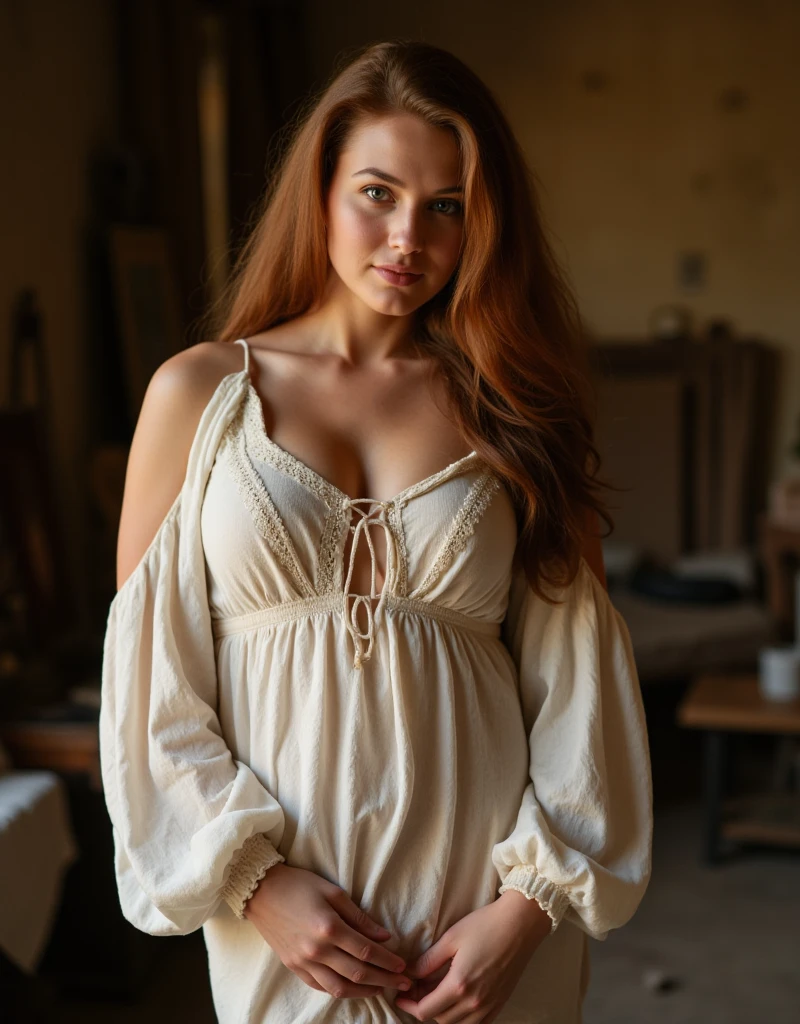 A woman with an hourglass figure is standing in a historical workshop setting, wearing a Renaissance-era chemise. The chemise is made of soft, flowing linen with delicate lace accents along the neckline and cuffs. It loosely drapes over her figure, providing a subtle yet sensual outline of her body. Her chestnut hair cascades down her back in voluminous waves, and the chemise features drawstrings at the neckline, emphasizing the romantic, understated beauty of the time period. The scene captures the warm, diffused light of the workshop, creating a soft glow that highlights the fabric and form.