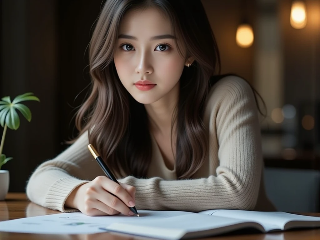 High image quality (8k image quality), high definition, outstanding work, appropriate subject depth, appropriate focus, Leica camera quality, RAW image quality, realistic、A woman studying at her desk、Detailed pupils, detailed lips, perfect hand, perfect finger、Perfect nails, detailed hands, detailed fingers, detailed nails