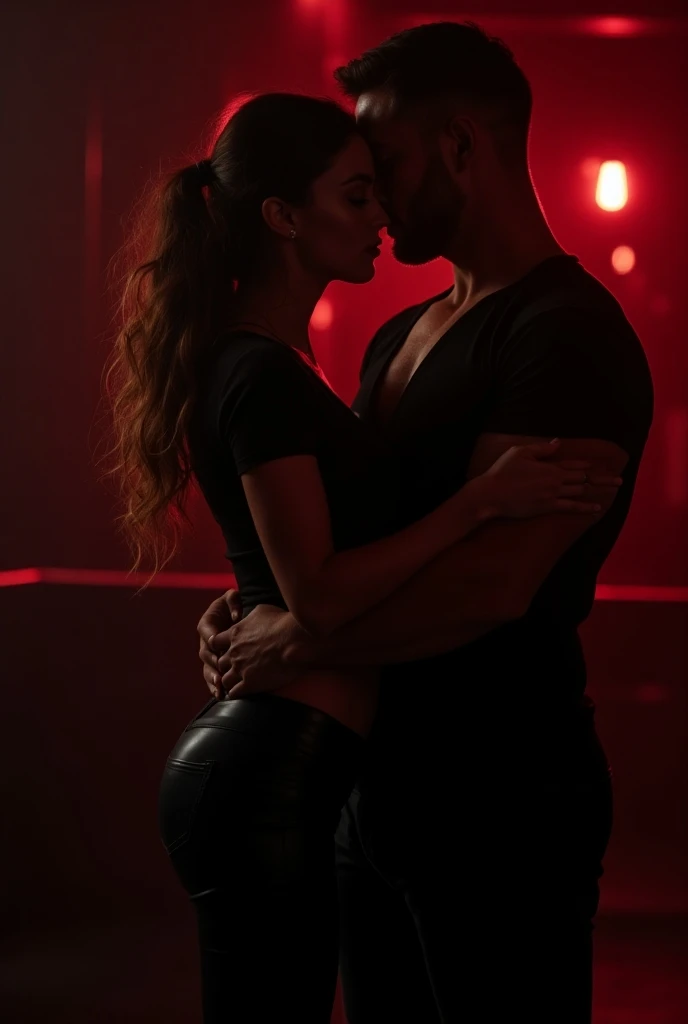 American young girl, wearing lingerie, muscular devil, in dark cave of blood, doing illuminati ritual, kissing