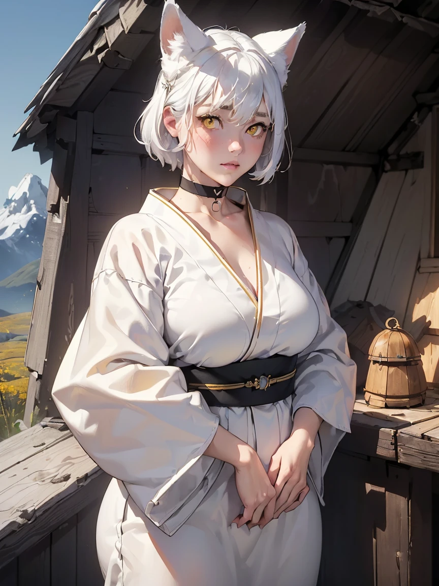 (best lighting) (best quality, masterpiece:1.2), (absurdres), wide portrait, ((alluring, ethereal, shy)), one woman, ((white fox ears)), ((very short, messy white hair), ((bright yellow eyes)), (detailed eyes), white outfit, ((choker)), (small breasts), ((chubby)), ((mountains, wooden hut, japanese)) soft lighting, hazy, cinematic, diffused lighting  