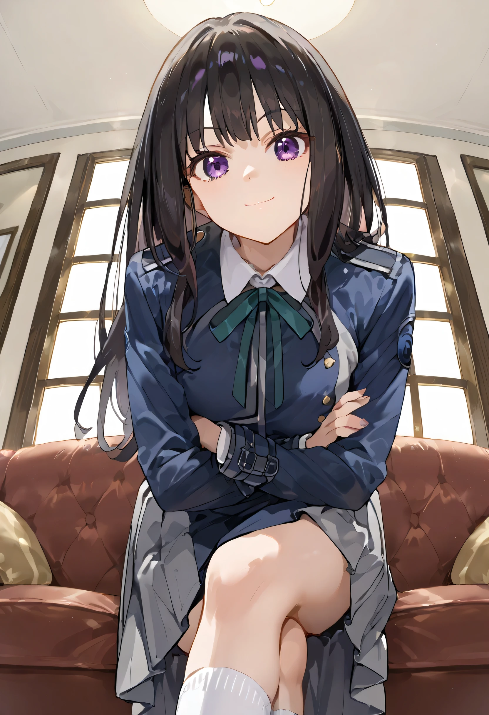 score_9, score_8_up, score_7_up, source_anime,Inoue_Takina,1girl, solo, purple eyes, crossed legs, crossed arms, lycoris uniform, looking at viewer, long hair, blue dress, pleated dress, black hair, dress, socks, grey dress, two-tone dress, shirt, white shirt, indoors, collared shirt, belt, green ribbon, neck ribbon, long sleeves, ribbon, closed mouth, blue belt, from below, couch, white socks,bent over,smile