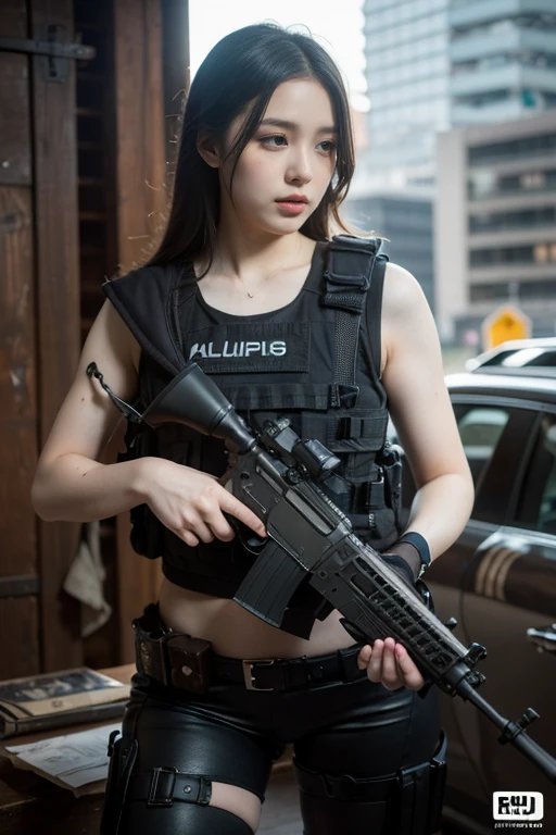 1 girl, 18 years old, (photoRealistic)++, Beautiful light,  masterpiece, ++,  of the best quality ++, Realistic, Full body photo, Real photos, รายละเอียดที่complicated, Depth of field, 1 woman,  Sniper Rifle Grip Black Hair Soldier Girl Cloth, Sexy black military uniform showing nipples, Bulletproof vest, Holding an assault rifle, M16, Within the city,  very detailed ,  Perfect Face , Black eyes, Lips,  Wide Hips , Small waist, high, put on makeup, Fujifilm XT3, Amazing professional photography by Ed Blinky, Atay Kailan, Studio Ghibli, By Jeremy Mann, Greg Manches, Antonio Moro, Trending on artstation, Trending in CGSociety, complicated , รายละเอียดhigh , Sharp focus, impressed, Realistic art by midjourney and greg rutkowski, Raw images, 8k uh