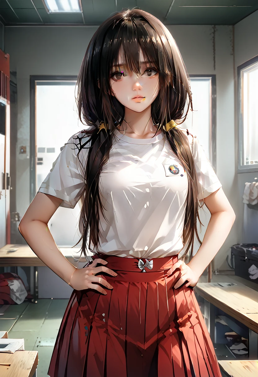 ultra-detailed,highly detailed,best quality,masterpiece,illustration, 
The image features an anime-style character with long black hair The character is wearing a white sports shirt with red accents and a matching red skirt. The setting appears to be a locker room or a sports equipment room, as there are clothes and uniforms hanging in the background. The character's pose, with hands on hips and a slightly tilted head, suggests confidence or curiosity. The lighting is soft, casting gentle shadows and giving the scene a somewhat realistic touch despite its animated nature.