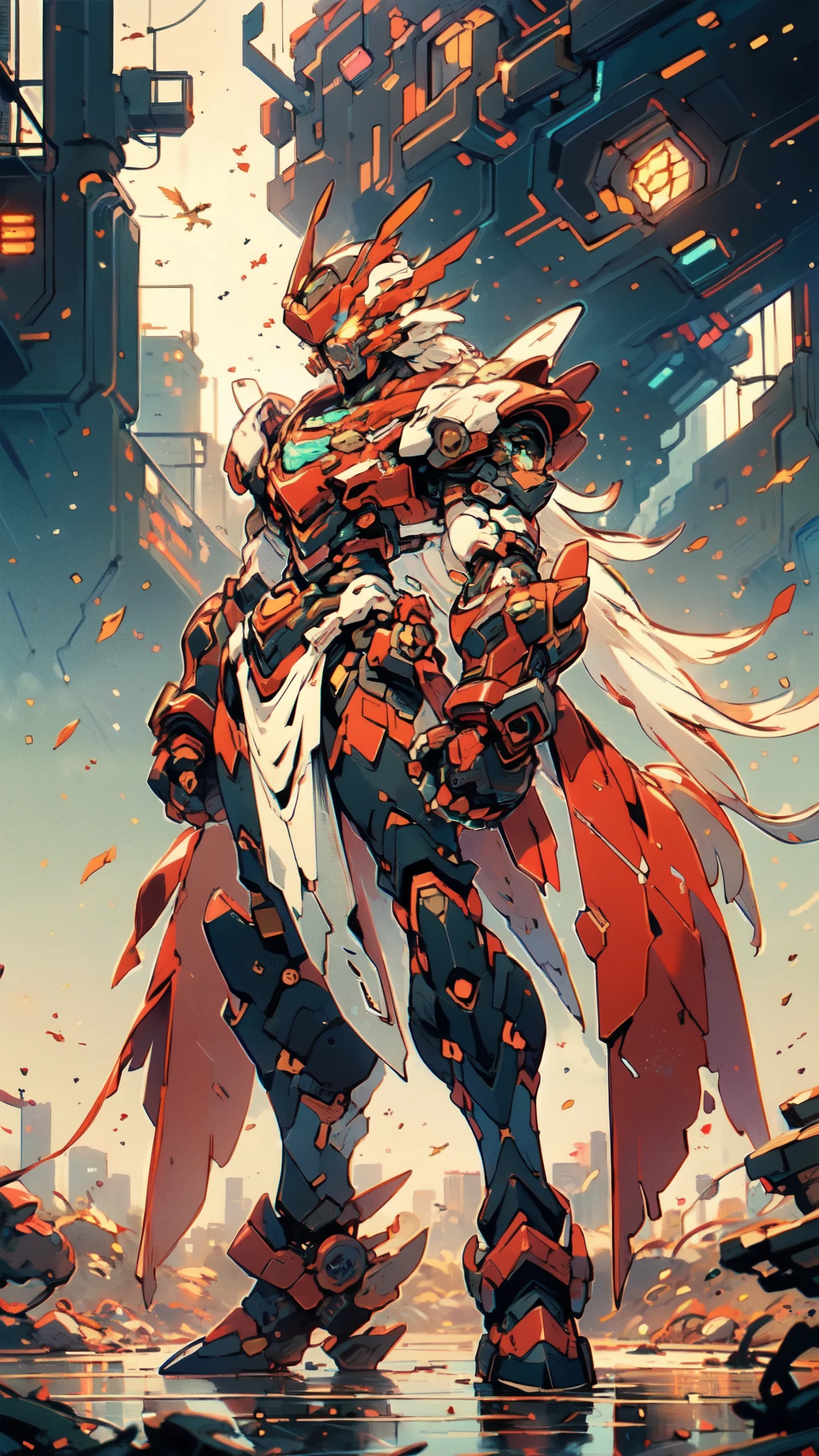 (masterpiece:1.5, best quality:1.5, extremely delicate:1.5), ((male:1.5)), Biomimetic humanoid Mecha, green eyes, fully enclosed shoulder guards, matching arm and leg guards, gemstone, full body, full armor, the design balances heavy with agility, organic biotech armor, (the color scheme is primarily Golden and Red with Black and White accents, concept Inspired by Phoenix, glowing eyes, the armor glows), standing, floating high above the futuristic sci-fi city, a finely crafted Super robot in anime style, exquisite and mature art style, metallic, dramatic, high definition, highres, ultra-detailed, ultra-fine painting, professional, anatomically correct, symmetrical face, extremely detailed eyes and face, high quality eyes, creativity, RAW photo, UHD, 32k, Natural light, cinematic lighting, (masterpiece-anatomy-perfect:1.2)