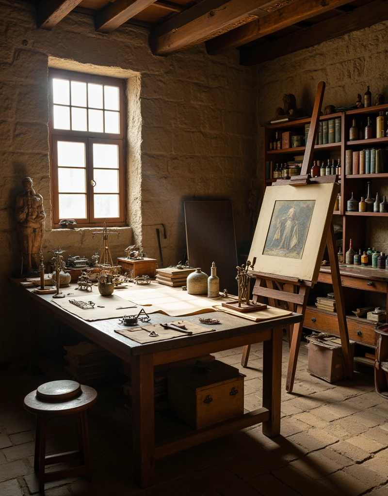 An empty Renaissance artist's workshop, designed to resemble Leonardo da Vinci’s workspace. The room features stone walls, a large wooden table cluttered with parchment scrolls, intricate sketches, mechanical models, and scientific instruments. A wooden easel with an unfinished painting stands near a window, which streams soft, diffused sunlight, casting warm shadows across the rustic stone walls and wooden furniture. Shelves filled with books, tools, and bottles of paint line the walls, adding to the atmosphere of creativity and historical authenticity