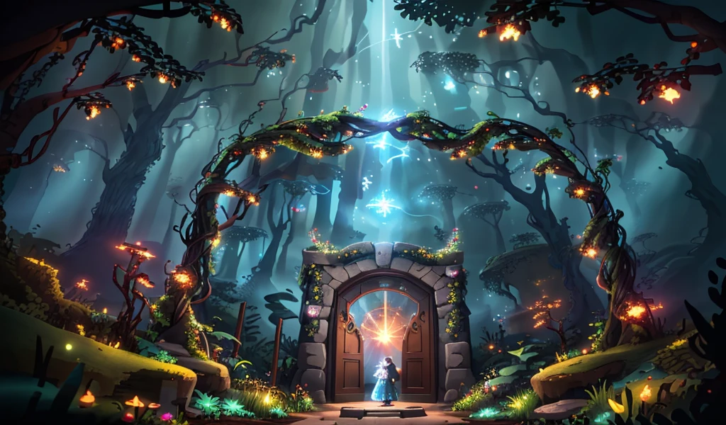 (Digital Artwork:1.3) of (Sketched:1.1) octane render of a mysterious dense forest with a large (magical:1.2) gate (portal:1.3) to the eternal kingdom, The gate frame is designed in a round shape, surrounded by delicate leaves and branches, with fireflies and glowing particle effects, (UI interface frame design), (natural elements), (jungle theme), (square), (leaves) , (twigs), (fireflies), butterflies, (delicate leaves), (glow), (particle effects, light engrave in intricate details, (light particle:1.2), (game concept:1.3), (depth of field:1.3), global illumination,Highly Detailed,Trending on ArtStation.