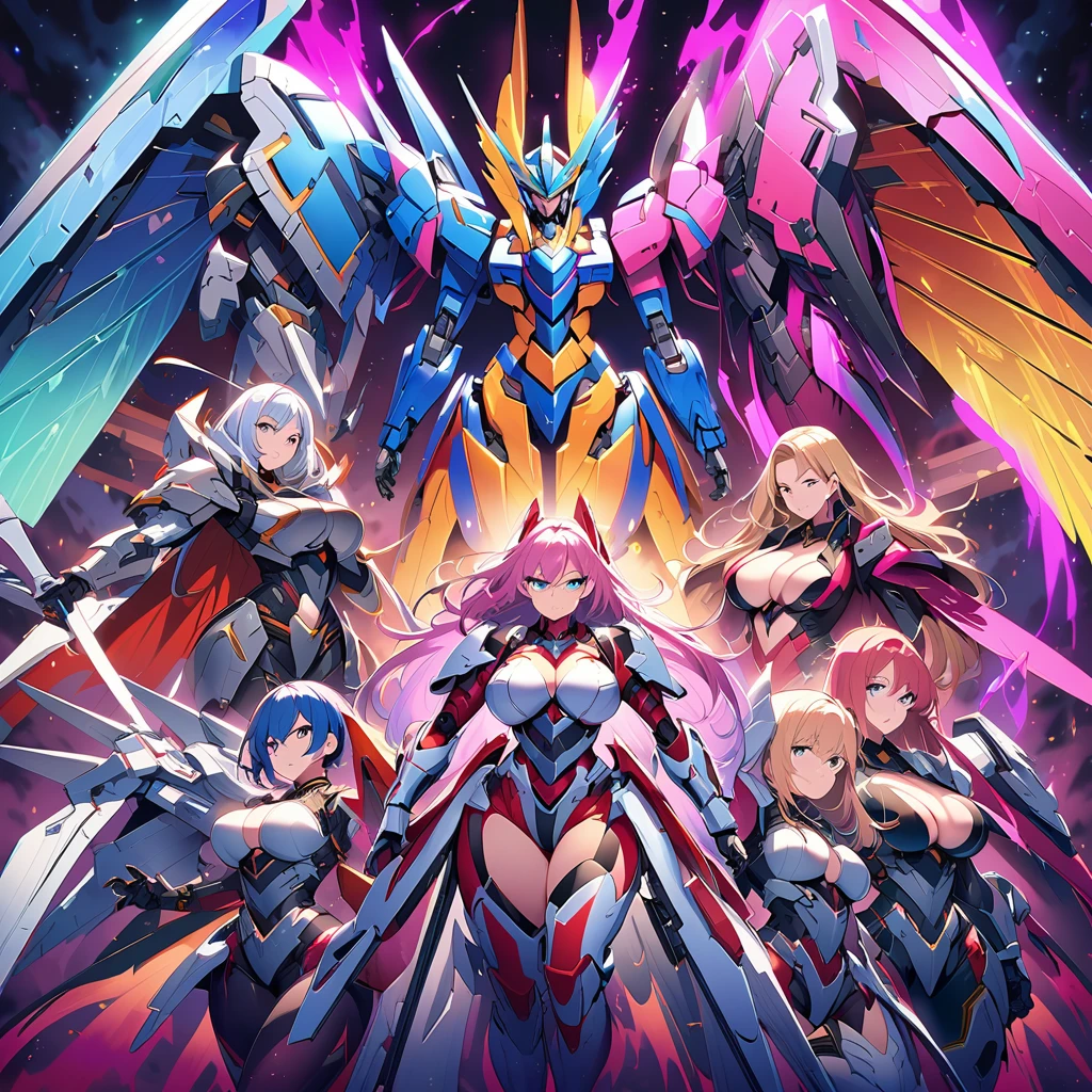 Anime, high detailed, multiple womans, mature womans, mecha armor, large mechanical wings, large Gauntlet, serious, curvy body, long mechanical wings, mecha weapons、Colored armors、magenta Colored aura、BLUE Eyes, elongated pupils,  Mature Woman、magenta aura、womans surrounding, all woman's picture, background the sideral space 