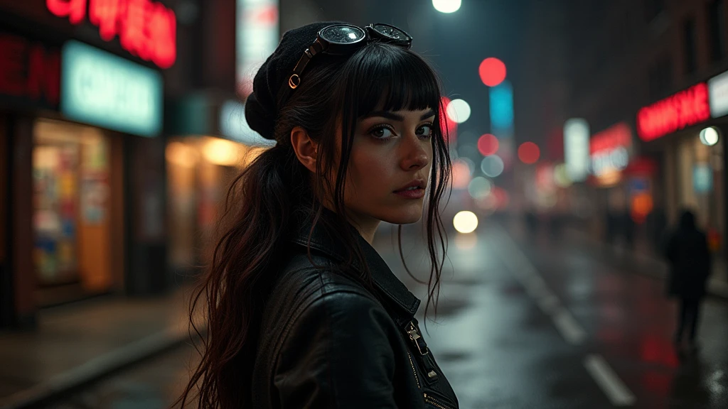 steampunk  Woman with dark open hair, in dark night new york walking up the street, clothing luis royo style