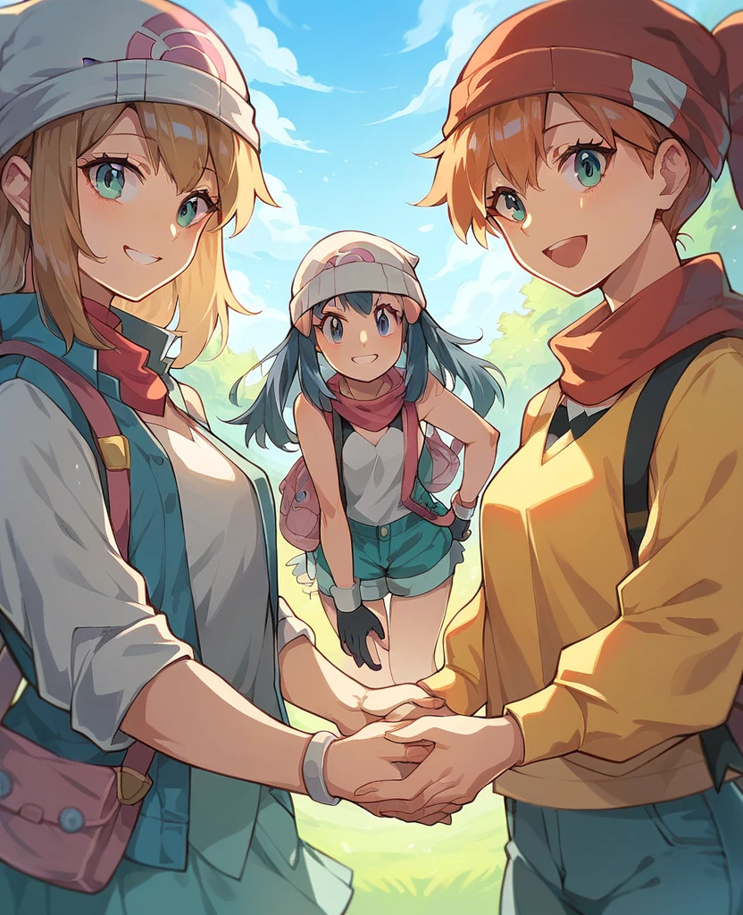 Character pokemon, Three girls , Misty , Dawn, May, together, smile , friends 