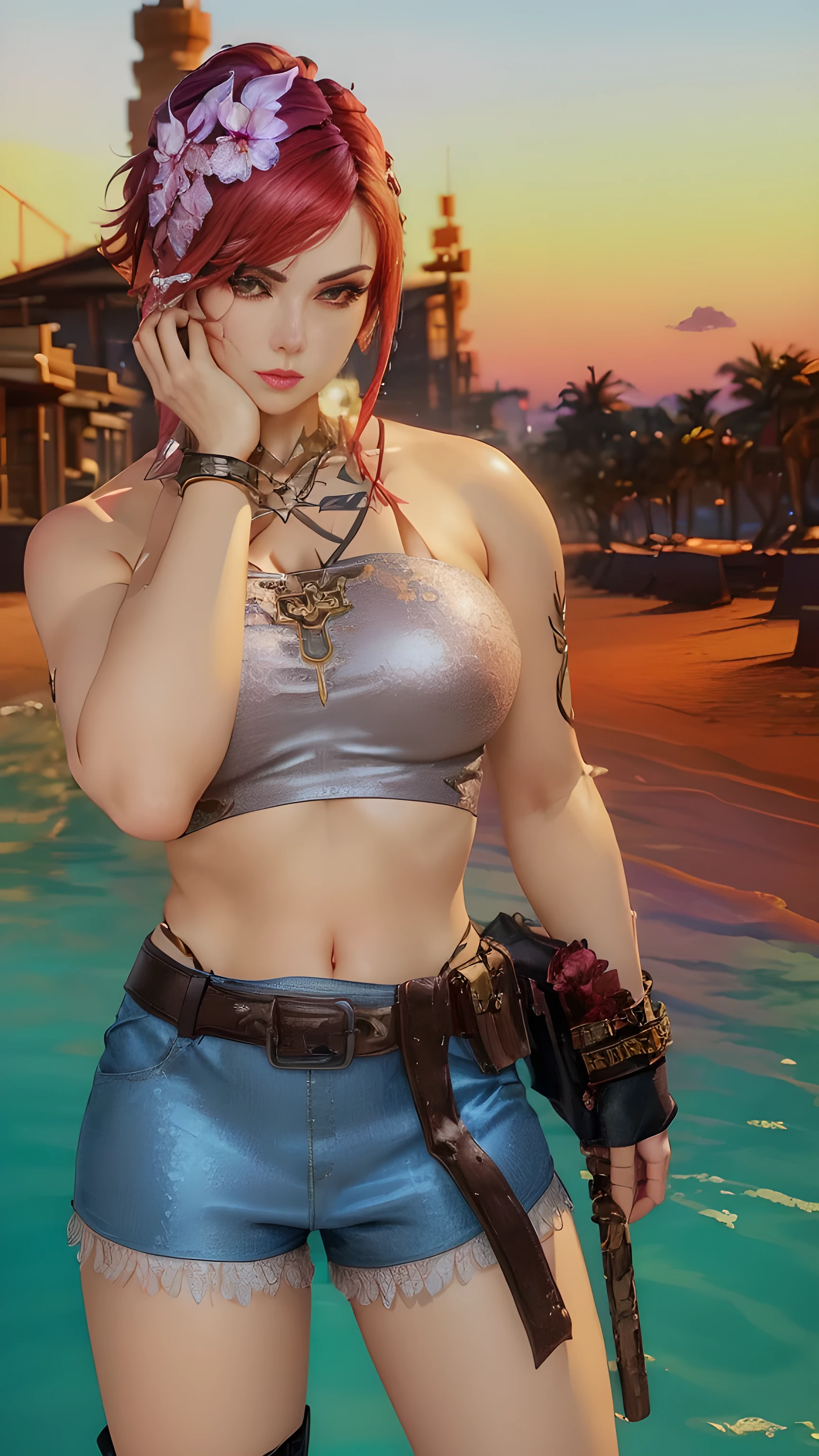 there is a woman standing on beach with a red purple hue hair and brown hammer on her hips and a silver flower hairpin on, she enjoying morning sunbathe, full body!! maximalist details, sea of thieves style, wearing a sexy cropped top, close up half body shot, cyberpunk style outfit, cinematic outfit photo, aloy, jrpg aztec street fashion, leeloo outfit, jrpg fashion, cyberpunk accessory, full body close-up shot, fantasy outfit, silver flower hairpin, red-purple hair color, short hair, red eye shadow makeup, close up half body shot, full body close-up shot, upper body close up, scales on her chest, heavy gesture style closeup, upper body close - up, detailed upper body, scales covering her chest, highly detailed upper body, full body shot close up, high texture detail), intriguing details, female roegadyn from Final Fantasy 14, (best quality), (best shade), ((erotic, Sexy), ultra high resolution, HD CG unified 8K wallpaper, Physically based rendering, movie lighting),