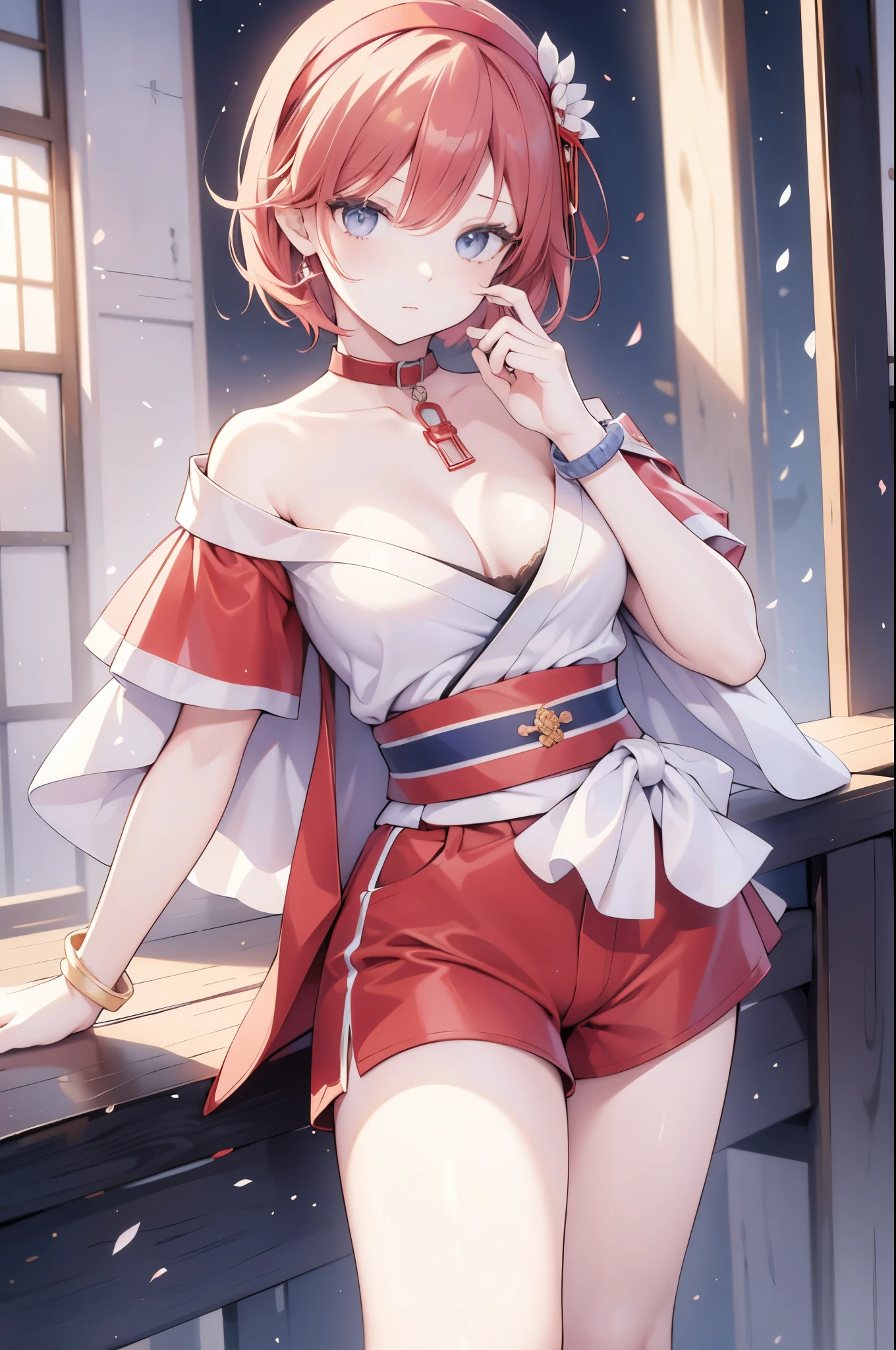 thick outlines, comics, photorealistic, perfect hands, masterpiece:1.2, colorful, 1girl, solo, small breast, aairida, short hair, red hairband, neck ring, collar, strapless shirt, red shirt, bracelet, sash, waist cape, white shorts, bare legs, japanese feudal town, detailed face, detailed eyes,