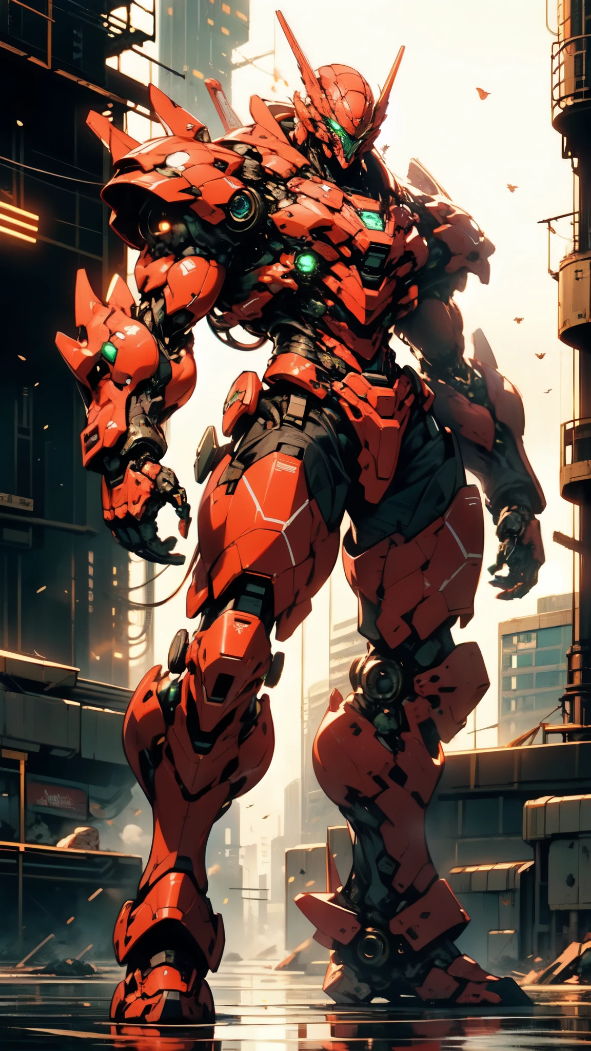 (masterpiece:1.5, best quality:1.5, extremely delicate:1.5), ((male:1.5)), Biomimetic humanoid Mecha, green eyes, fully enclosed shoulder guards, matching arm and leg guards, gemstone, full body, full armor, the design balances heavy with agility, organic biotech armor, (the color scheme is primarily Golden and Red with Black and White accents, concept Inspired by Godzilla, glowing eyes, the armor glows), standing, floating high above the futuristic sci-fi city, a finely crafted Super robot in anime style, exquisite and mature art style, metallic, dramatic, high definition, highres, ultra-detailed, ultra-fine painting, professional, anatomically correct, symmetrical face, extremely detailed eyes and face, high quality eyes, creativity, RAW photo, UHD, 32k, Natural light, cinematic lighting, (masterpiece-anatomy-perfect:1.2)