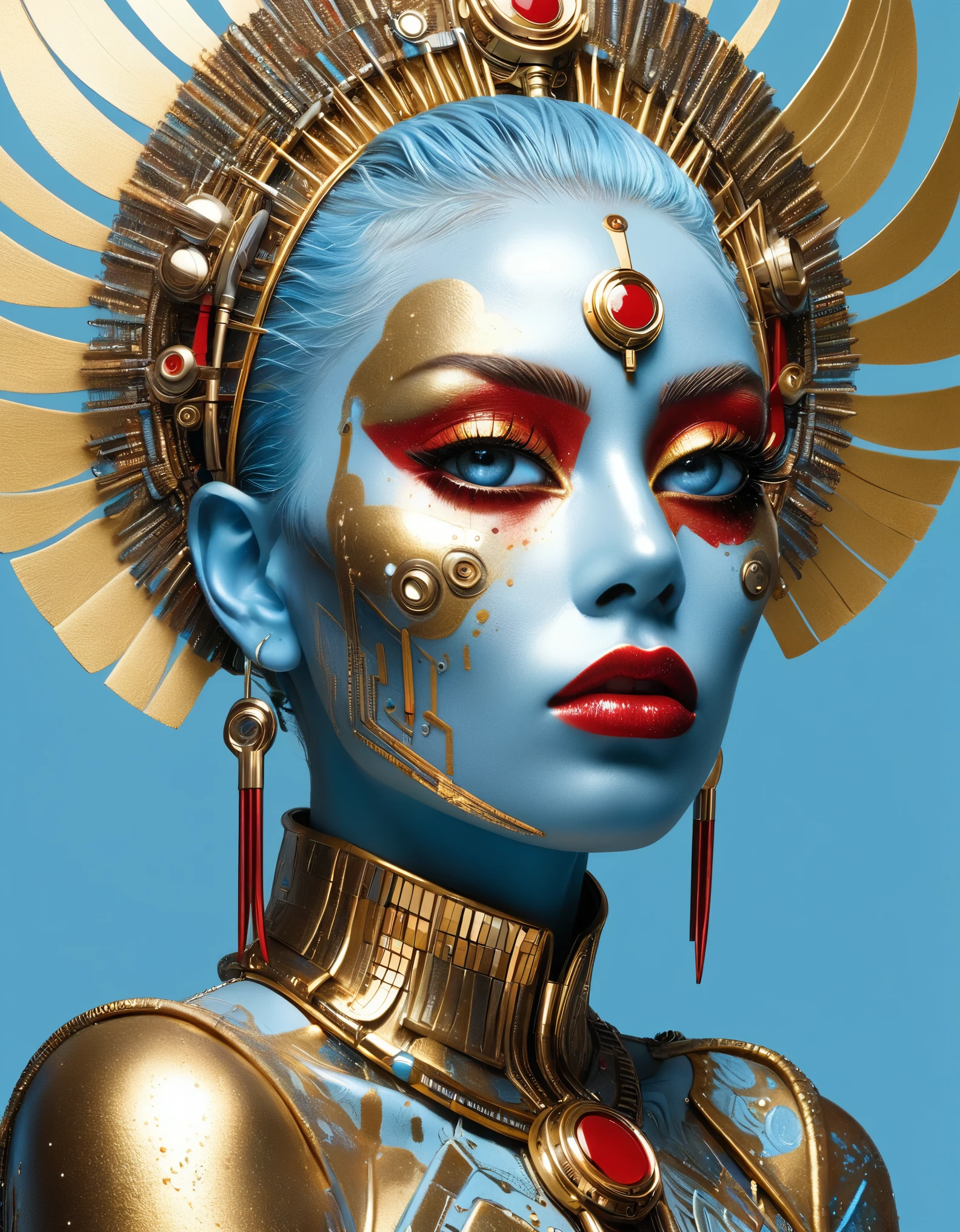 in the style of cyberpunk futurism, African influence , Cru etam , light blue and gold , Michael Creese, steelpunk, Michael Hussar, white background, better quality, high quality , editorial photo, an absurdity, masterpiece, intricate detail , film grain, intense red