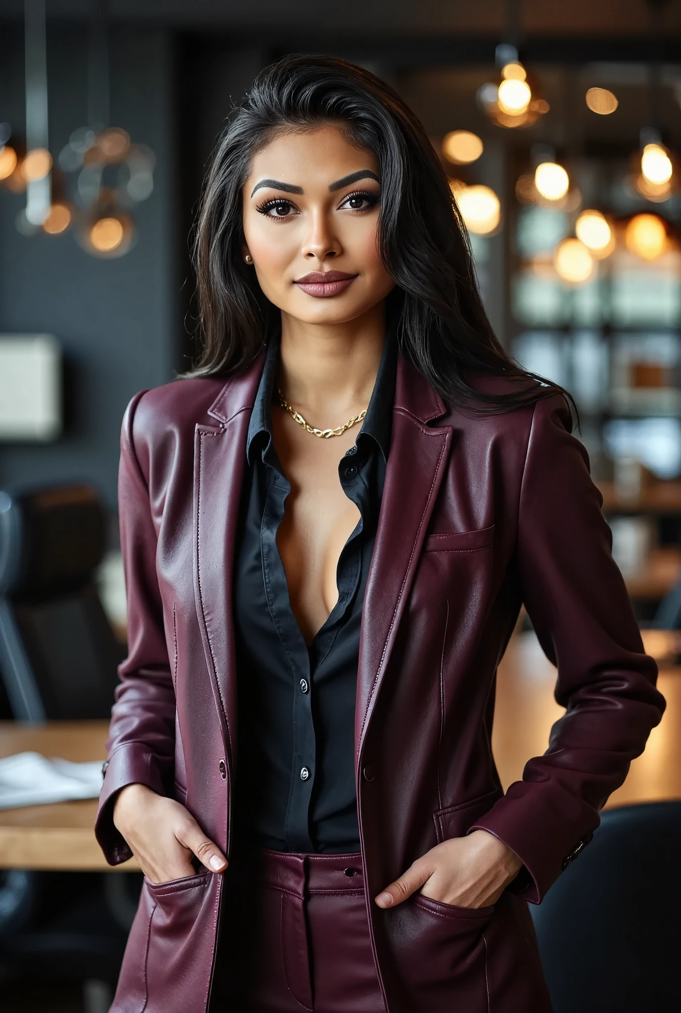 full body, alis4lin3rerflx, a beautiful female business executive wearing an mulberry purple leather business suit with a open black buttondown satin shirt, wet slicked back dark hair, strong seductive makeup, bedroom eyes, smiling, dynamic pose, cinematic lighting, a corporate photography, top executive office in the background, godrays