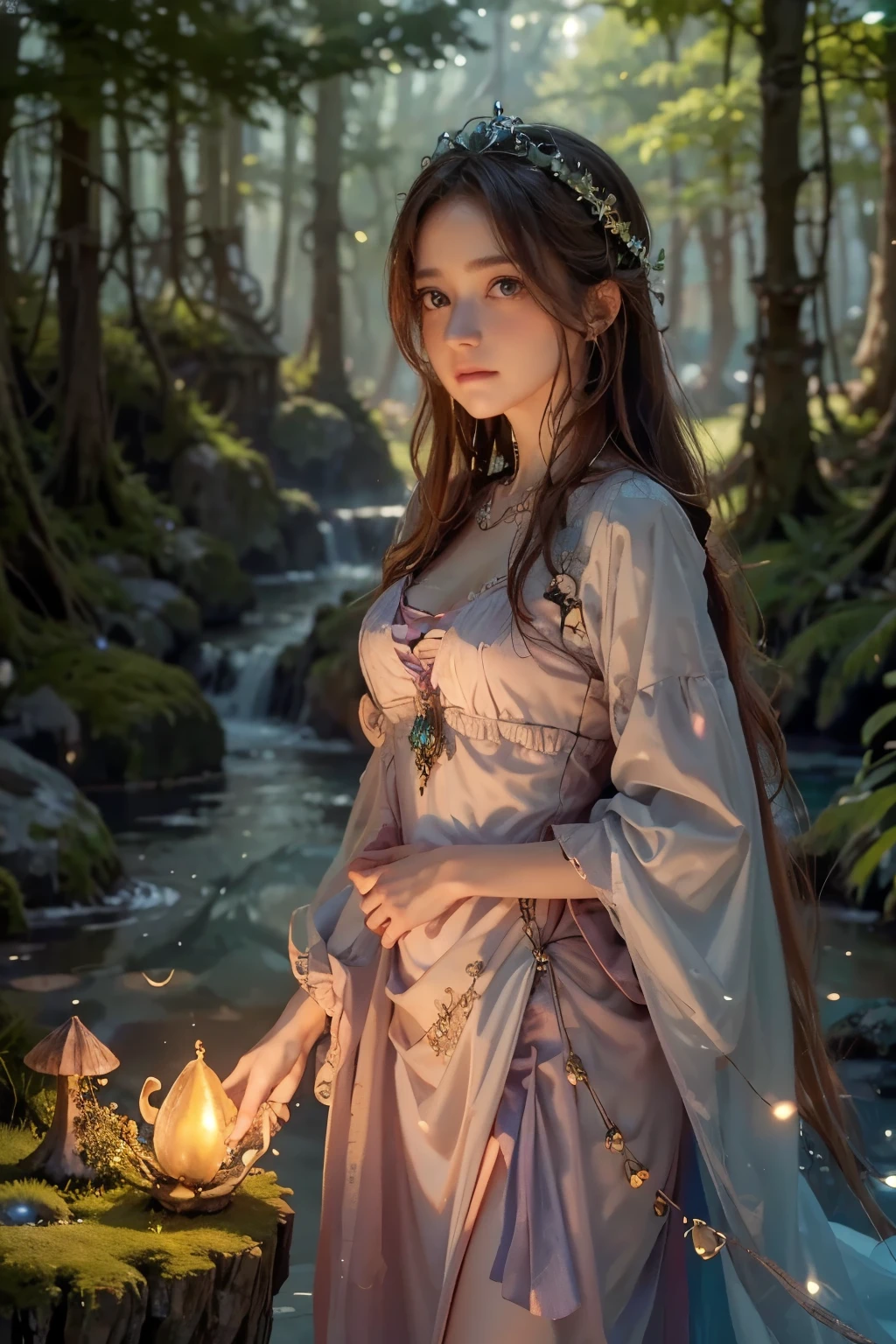 A dreamlike fantasy landscape, a surreal forest with glowing mushrooms, floating islands, and a whimsical castle in the distance, 1girl, detailed face, beautiful eyes, long hair, detailed dress, walking through the mystical scenery, (best quality,4k,8k,highres,masterpiece:1.2),ultra-detailed,(realistic,photorealistic,photo-realistic:1.37),fantasy,surreal,dreamscape,magical,ethereal,glowing,vibrant colors,dramatic lighting