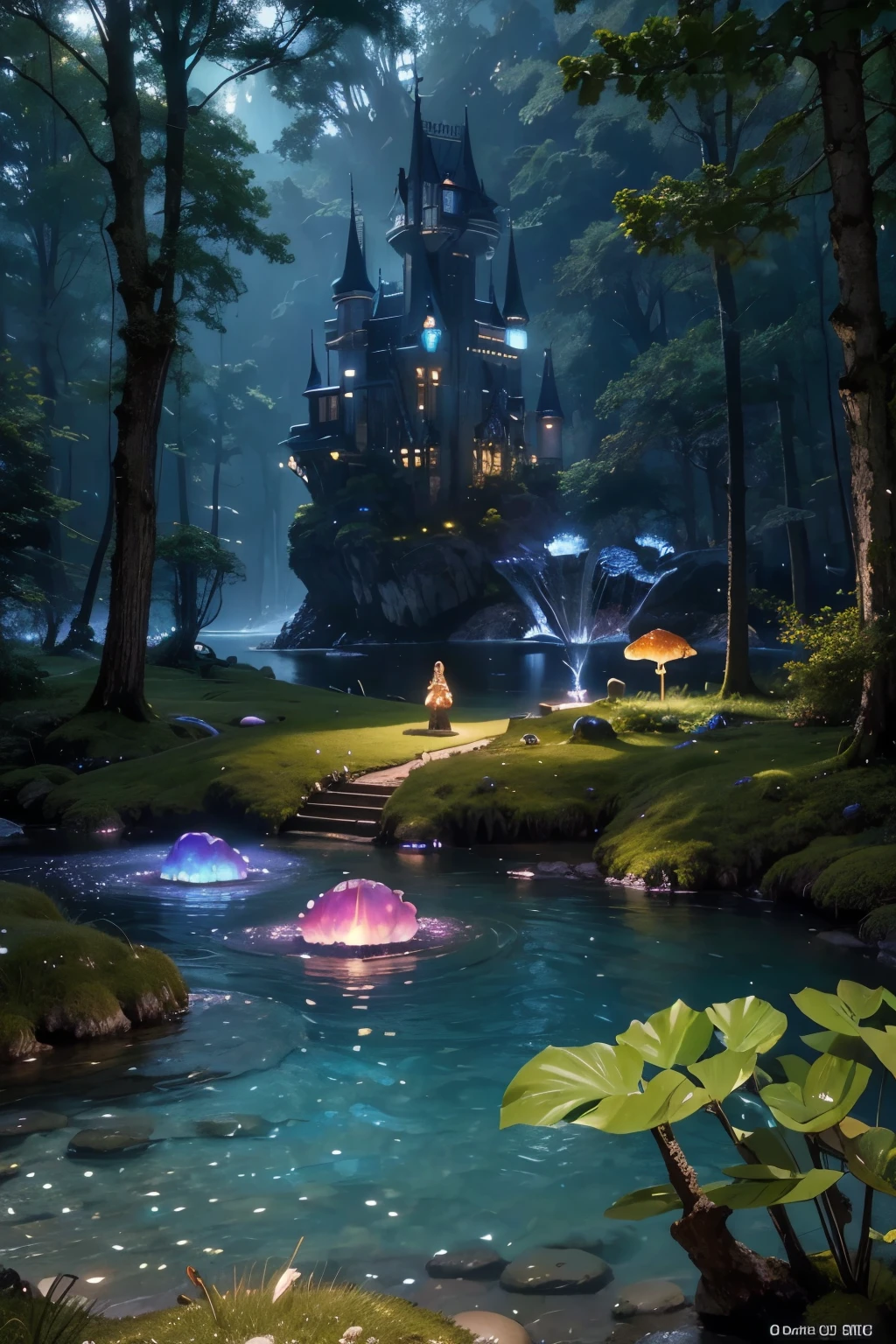 A dreamlike fantasy landscape, a surreal forest with glowing mushrooms, floating islands, and a whimsical castle in the distance, 1girl, detailed face, beautiful eyes, long hair, detailed dress, walking through the mystical scenery, (best quality,4k,8k,highres,masterpiece:1.2),ultra-detailed,(realistic,photorealistic,photo-realistic:1.37),fantasy,surreal,dreamscape,magical,ethereal,glowing,vibrant colors,dramatic lighting