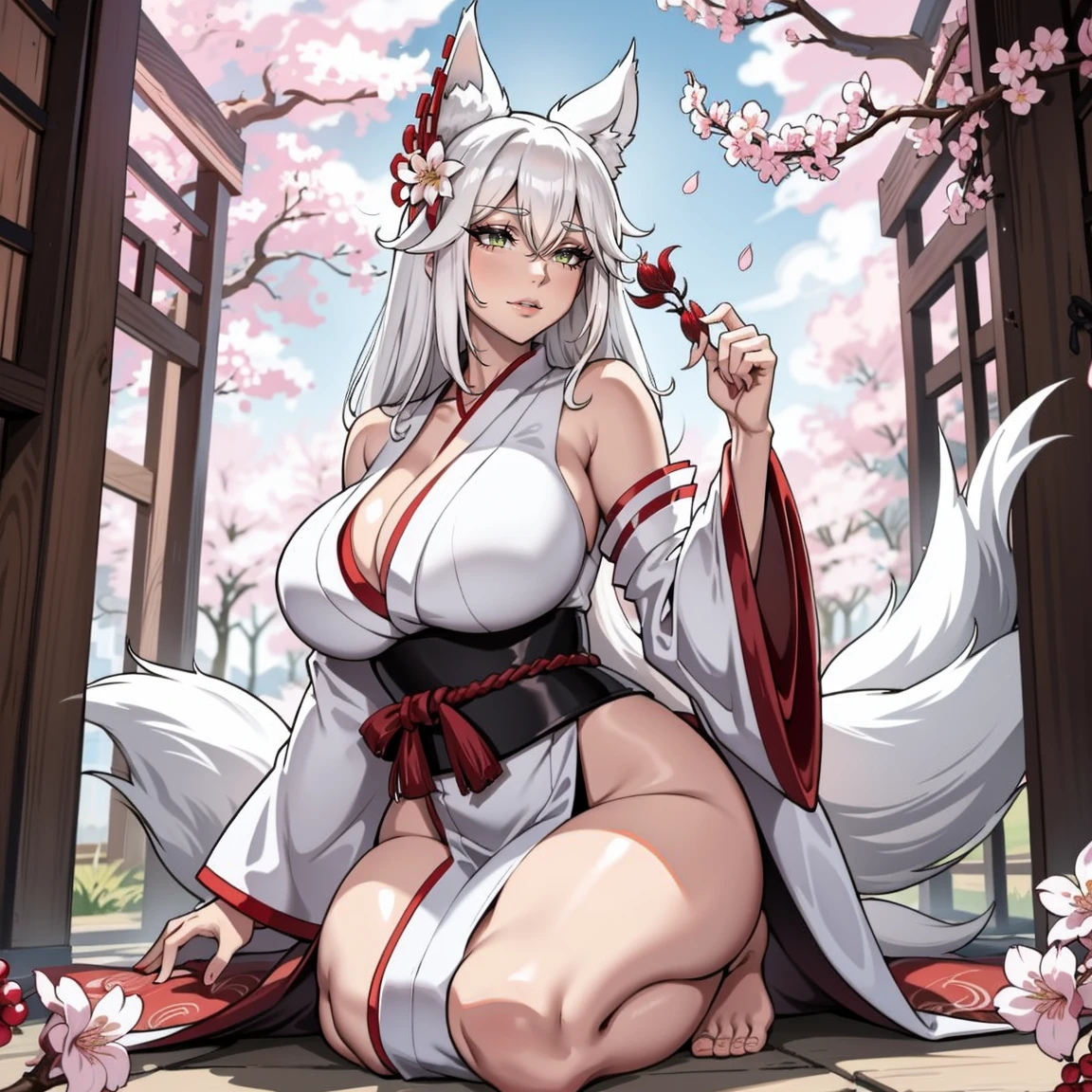 score_9,score_8_up,score_7_up, source_furry, kemono style, amaterasu from okami, bald, furry head, yellow eyes, black sclera, female Anthro wolf, black lips, feet paws with four toes, naked, wearing skimpy open kimono, sex, cowgirl position sex, she is riding a faceless human male, male is cropped out, male is grabbing her thighs, she looks satisfied, she is grabbing her breasts, in a fancy temple bedroom, on a bed, side view