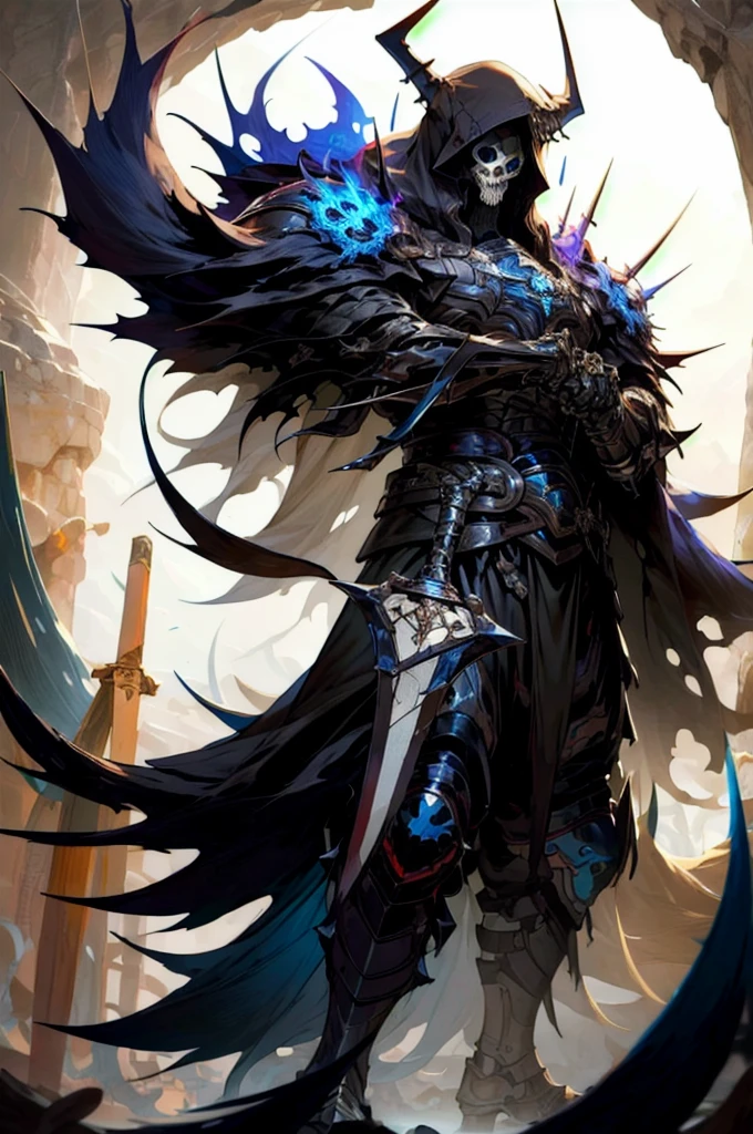 ha sang,1boy,skull mask,armor,male focus,solo,weapon,sword,spikes,looking at viewer,blue_fire,cloak,hood up,holding,(masterpiece), (best quality), HDR, intricate detail,