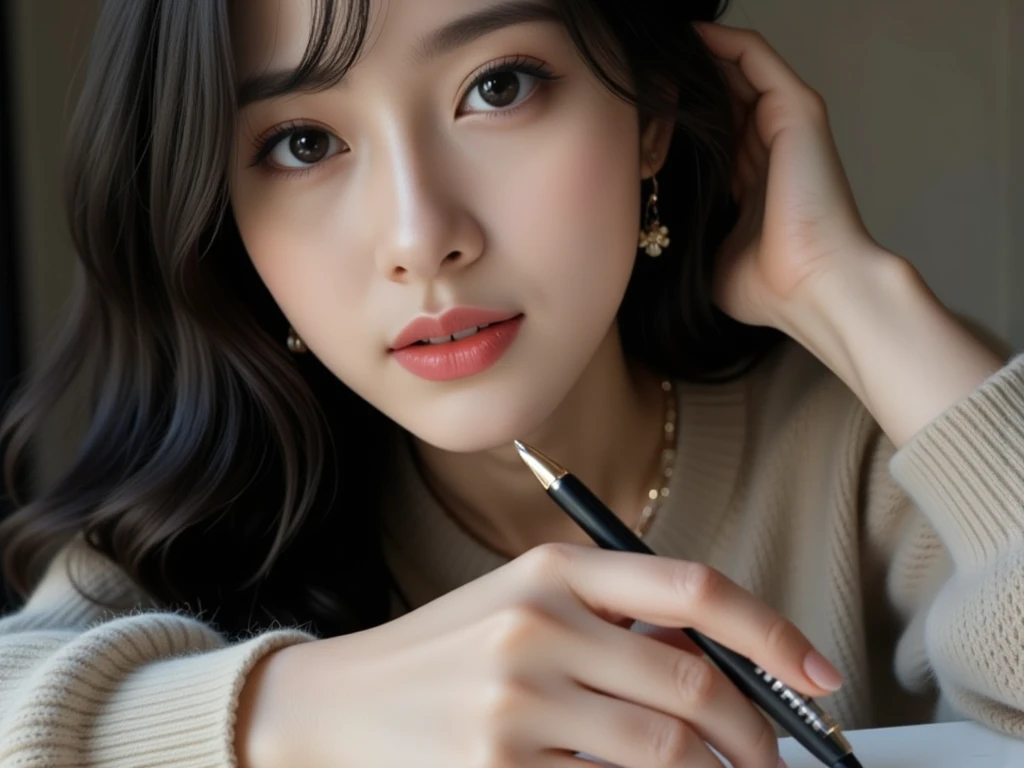 FLUX,east asian woman,High image quality (8k image quality), high definition, outstanding work, appropriate subject depth, appropriate focus, Leica camera quality, RAW image quality, realistic、A woman studying at her desk、Detailed pupils, detailed lips, perfect hand, perfect finger、Perfect nails, detailed hands, detailed fingers, detailed nails