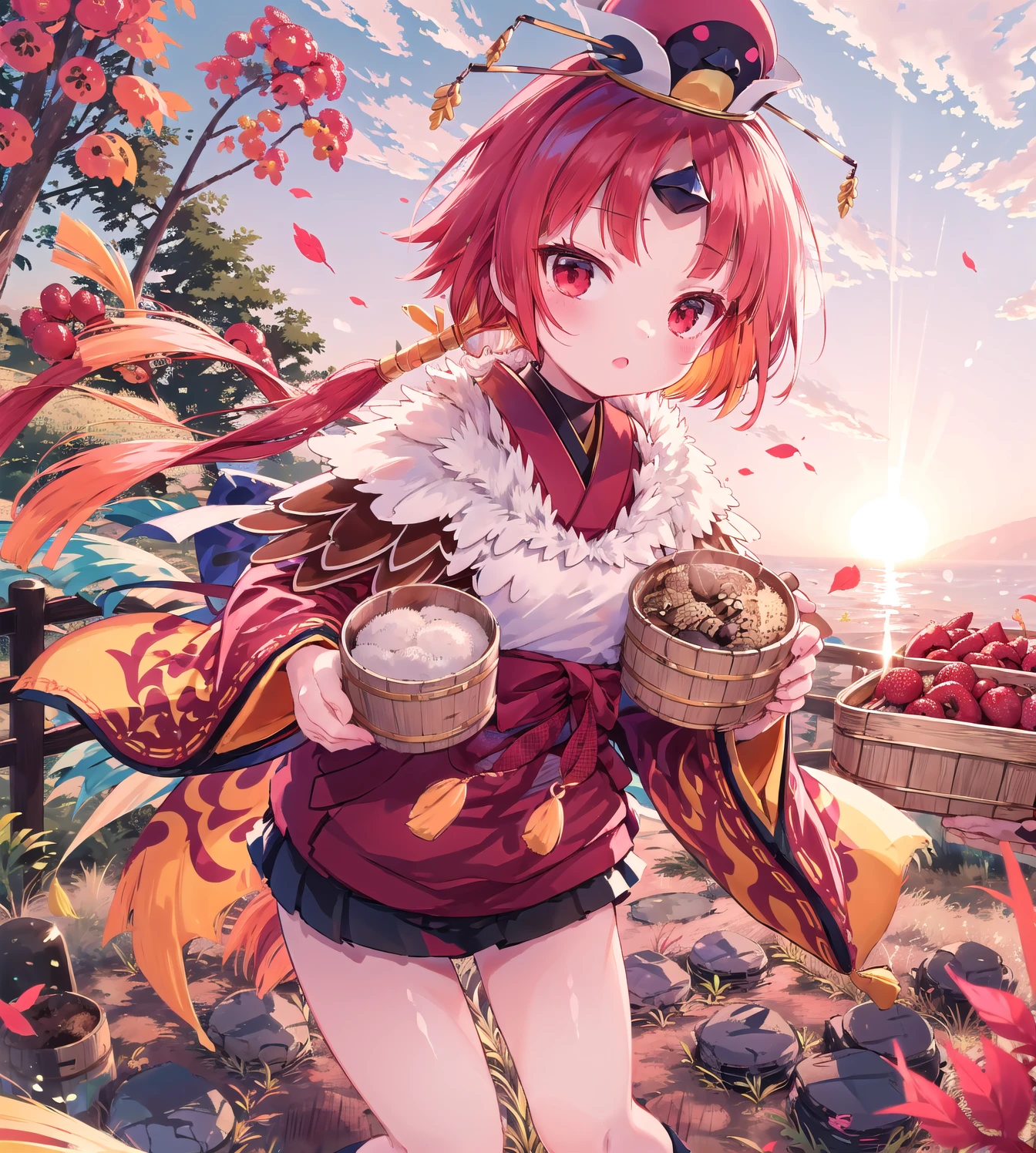 ((masterpiece,best quality:1.2)),((harvest festival:1.2)),In the forest,red leaves:1.2,sunset,(Crop in bucket:1.3),1girl,be_nienma,((red japanese clothes:1.2)),red hair,2つの小さい白いポンポン,Black mini skirt,hat