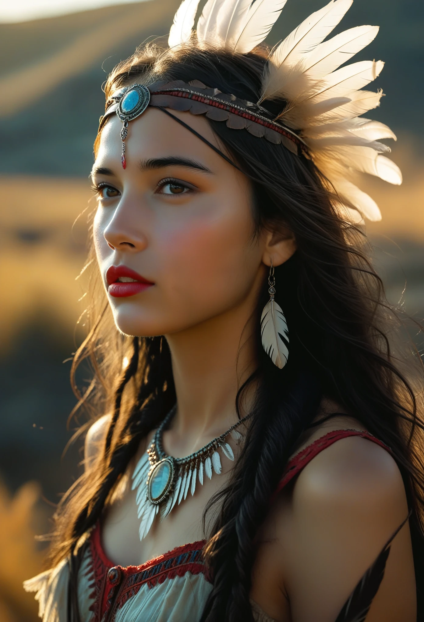  Portrait of Marie Avgeropoulos as Pocahontas,  Young Beautiful Native American Woman, Perfect Symmetrical Face, beautiful red lips, indian feather jewelry, Traditional Handmade Dress, Armed female hunter warrior, (((Wild West))) environment, Utah Landscape, Surreal, concept art, elegant, ((Complex)), ((Advanced Details)), depth of field, (( Professional Color Grading )), Soft ambient lighting, dusk, 8k, artgerm, greg rutkowski, Artwork by Alphonse Mucha