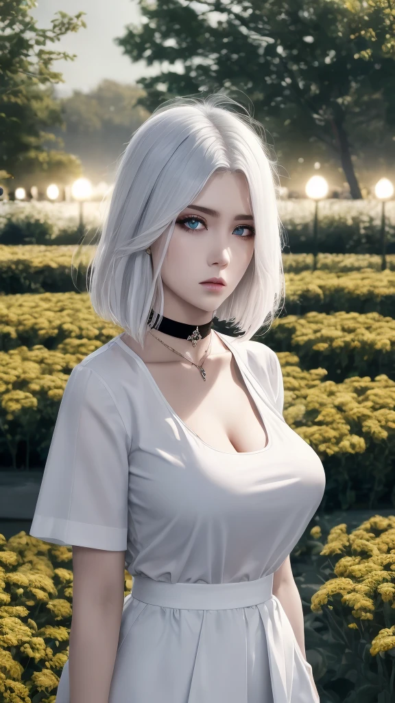 (form front), (close-up), (choker), woman, nurse outfit, standing, skirt, garter belt, melancholy expression, (short hair), (white hair), (gradient eyes), (nighttime and city garden), peerless beauty, 4k quality, gorgeous light and shadow, Tyndall effect, highly detailed, the best quality, 8k quality,Narin,1 girl,Beautiful eyes