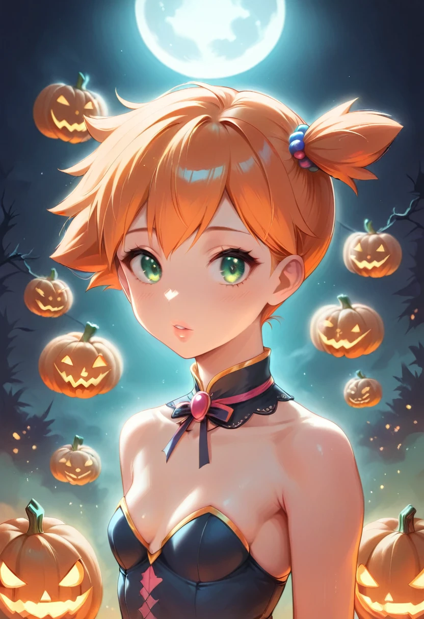 Misty_pokemon , Berry Short,Orange Hair, one side up hair ,Big green eyes,Small breasts,Skinny , akane's . A wonderful Halloween event, a girl in a halloween costume, detailed face, beautiful detailed eyes, beautiful detailed lips, extremely detailed face and features, longeyelashes, pumpkin carving, candies, autumn leaves, dramatic lighting, moody atmosphere, dark fantasy, cinematic lighting, ornate halloween decorations, masterpiece, (best quality,4k,8k,highres,masterpiece:1.2),ultra-detailed,(realistic,photorealistic,photo-realistic:1.37), halloween, spooky, dark, moody, cinematic, Halloween effect, ARW