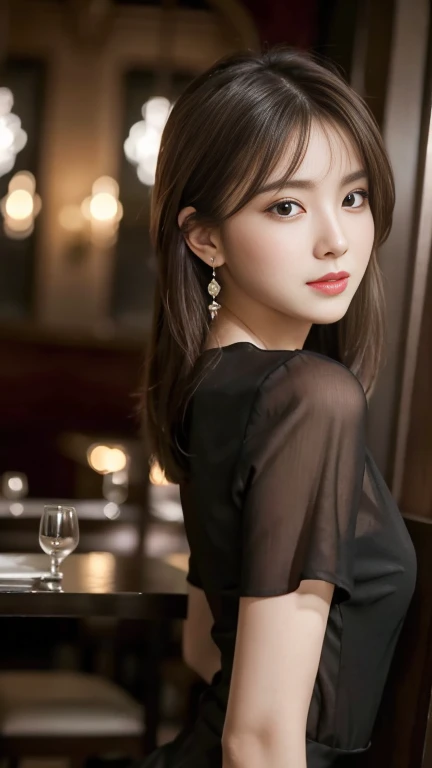 masterpiece, highest quality, Realistic, Very detailed, Finer details, High resolution, 8k wallpaper, One beautiful woman, Wear a black see-through shirt, In a great restaurant, At night, Light brown shaggy haircut, Perfect dynamic composition, Beautiful and beautiful eyes、Big earrings