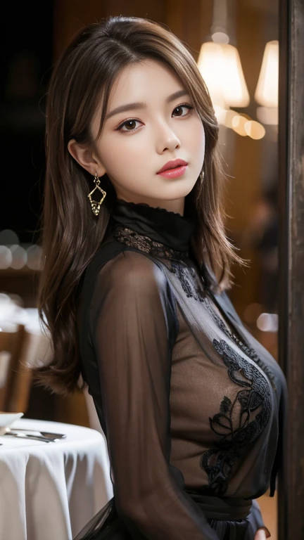 masterpiece, highest quality, Realistic, Very detailed, Finer details, High resolution, 8k wallpaper, One beautiful woman, Wear an elegant black see-through blouse, In a great restaurant, At night, Light brown messy hair, Perfect dynamic composition, Beautiful and beautiful eyes、Big earrings